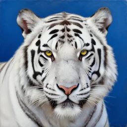 a painting, a white tiger, yellow eyes, headshot, oil painting, illustration, rich details, 8 k, blue background, gradient, light and shadow