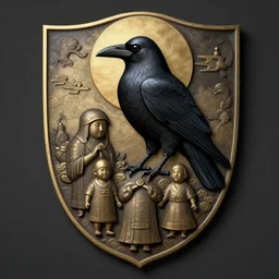 family crest depicting a raven with a halo in style of shigiru mayamoto, with dramatic lighting, concept art, matte painting, 8 k, highly detailed, artstation