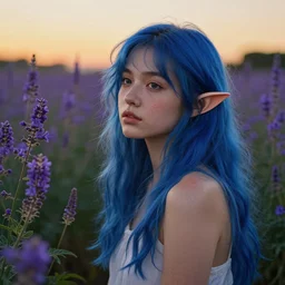 photograph of a young woman with blue hair lush flowering indigofera, serene eveninig, surrounded by flowers, golden hour, elven ears, rough skin pores texture, cute and gorgeous, a masterpiece hyperrealistic, ultra detailed fullbody, photoreal image, actual person, extremely detailed, trending on artstation, sharp focus, 4 k.