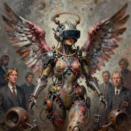 junky angel, in center of composition, wings, cybertronic gadgets and vr helmet, flesh + technology, durty colours, rotten textures, rusty shapes, biotechnology, norman rockwell, tim hildebrandt, dariusz zawadzki, bruce pennington, larry elmore, hyperrealistic oil painting on canvas, deep depth field, masterpiece, cinematic composition, hyper - detailed, hd, hdr