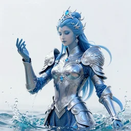 a god of water wearing blue armor, with hands and hair turning into wearing, fantasy, intricate, elegant, highly detailed, digital painting, artstation, concept art, wallpaper, smooth, sharp focus, illustration, art by artgerm and greg rutkowski and alphonse mucha