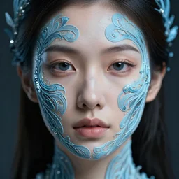 intricate highly detailed face portrait of asian - european woman, light blue water vines on her face, intricate, cgsociety, beeple, unreal engine, octane render, sharp focus, smooth, volumetric lighting, cinematic composition, artstation