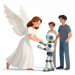a beautiful space angel helping a robot by dan mumford and alberto vargas and josan gonzalez and gil elvgren and william etty and norman rockwell, vibrant, white outfit, highly detailed, intricate, orange details, blue sky, comic lines