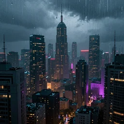 A sad, melancholy cyberpunk city as seen through a rainy window, colorful, beautiful, striking, digital art