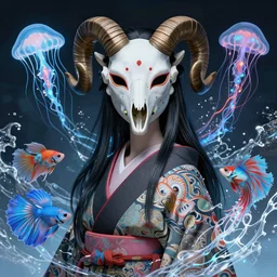 3 d goddess half - turn portrait with long hair with ram skull. beautiful intricately detailed japanese crow kitsune mask and clasical japanese kimono. betta fish, jellyfish phoenix, bio luminescent, plasma, ice, water, wind, creature, artwork by tooth wu and wlop and beeple and greg rutkowski