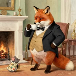 a fat, realistic fox in a dinner jacket, drinking a cup of tea in a living room, by a fire place, whilst a little mouse wears a blanket, by ‘ arthur rackham ’