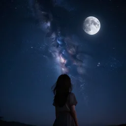 girl, beautiful starry sky, moon, galaxy, stars, beautiful, light, night, adorable photography, cinematic