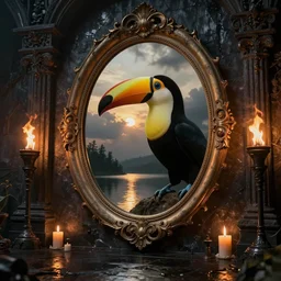dark lake and massive oval mirror and toucan, cinematic, filmic, wildlife photography, ray tracing reflections, insanely detailed and intricate, hypermaximalist, elegant, ornate, hyper realistic, super detailed, golden hour, stormy weather, ominous, dark wet walls of a dungeon, fire torches, candles