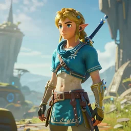 link from zelda in the future, futuristic athmosphere, highly detailed, advanced technology