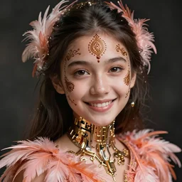 a stunning ultra detailed fantasy fine art portrait photo of a smiling girl wearing pinkish orange feather dress, by tom bagshaw, artgerm and natalie shau, henna tattoos on the face, paisley designs, 5 0 mm lens, deep depth of field, perfect eyes and face, soft lighting, gold cybernetic implants, artstation, 8 k, cyberpunk