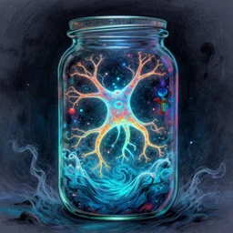 bioluminescent neurons floating jar of glass with a dramatic turbulent ocean, concept artists, backlit, intricate, indie studio, fantasy, rim lighting, vibrant colors, emotional, sketch, fantastical, whimsical, noise, stippling