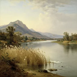 big river, left mountains, reed, rush, rhine, classical painting, hudson river school, realistic lighting, idyll