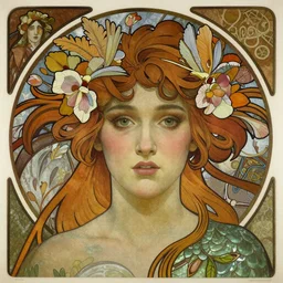 realistic detailed face portrait of Mermaid Alisha Newton, by Alphonse Mucha, Ayami Kojima, Amano, Charlie Bowater, Karol Bak, Greg Hildebrandt, Jean Delville, and Mark Brooks, Art Nouveau, Neo-Gothic, gothic, rich deep colors