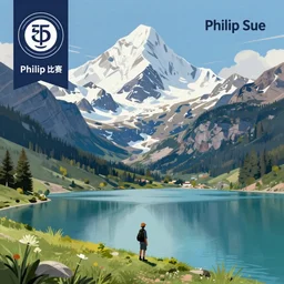 digital painting of mountain landscape with a lake and character near the water by philip sue art, by philip sue, contest winner on behance, dark blue, lavender, light blue color scheme only