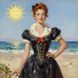woman, dressed in pin up style, beach, sun, stylish, greg hildebrandt fancy rococo baroque regal oil painting high quality