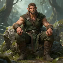 a relaxed malehalf elf middle aged druid in a sleeveless west, brown short hair, strong, full body, 8 k, hyperrealistic,, hyperdetailed, fantasy portrait by laura sava
