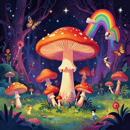 psychedelic mushrooms, enchanted cosmic forest, mushrooms on the ground, small fairies, stars in the sky, butterflies, rainbows, psychedelic, wide angle shot, vector art, fantasy poster by helen huang and frank frazetta and salvador dali