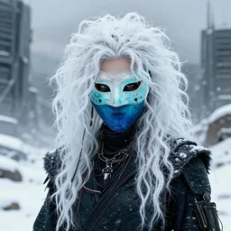 highly detailed portrait of wasteland punk long curly white icey shard hair ninja samurai mask lady, stray wiring by atey ghailan, james gilleard, by joe fenton, by greg rutkowski, by greg tocchini, by kaethe butcher, 4 k resolution, gradient blue, cyan, black and white color scheme!!! ( ( snowy glaciated robotic dystopian city background ) )