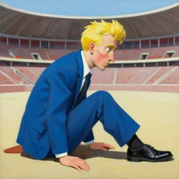 greg manchess portrait of a defeated blond man in a blue suit on the ground in an arena, profile picture, organic painting, sunny day, matte painting, bold shapes, hard edges, street art, trending on artstation, by huang guangjian, gil elvgren, ruan jia, randy vargas, greg rutkowski