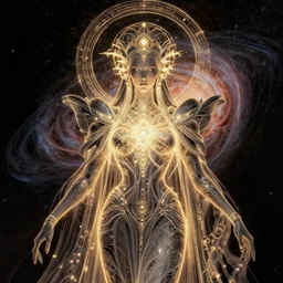 portrait of the powerful empress of the solar system in the style of anna dittmann and in the style of h. r. giger. glowing, ornate and intricate linework, stunning, dynamic lighting, ultrafine and hyperdetailed.