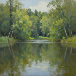 Oil painting of a lake between a forest