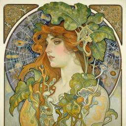an insanely detailed oil painting of a woman, intricate detailed leaves, spiderweb, mycelia, by ruan jia, fantasy, hyper detailed, colorfull, concept art, by greg rutkowski, by alphonse mucha, by moebius