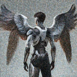 man with cybernetic bird wings on his back, highly detailed, mega detailed, photo realistic,