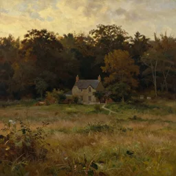 a romantic grassy landscape with a singular house during golden hour, a dense mysterious dark forest in the background, warm colors, wide angle, top view, romantic period, high detail, hyperrealistic, oil painting by john constable
