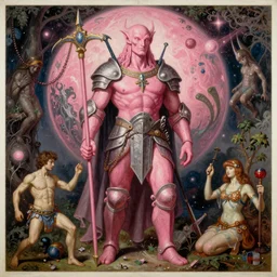 unique epic pink space elven knight adventurer, monumental painting by gerrit van honthorst and hajime sorayama and devis stuart, illusion surreal art, highly conceptual figurative art, intricate detailed oil illustration, controversial poster art, polish poster art 1 9 8 0