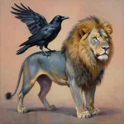 painting of hybrid between crow!!!!!!!!!!!!!!!!!!!!! & lion, intercrossed animal, mixture animal, by tiffany bozic, by zdzislaw beksinski, organic, logical anatomy, cold hue's, warm tone gradient background, concept art, beautiful composition, digital painting,