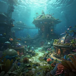 dramatic solarpunk landscape of an underwater garden habitat under the sea in the shade. trending on cgsociety, happy atmosphere, natural volumetric lighting, exaggerated detailed, wide angle, octane render, raytraced realistic
