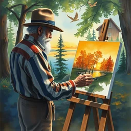 freddie krueger, stands at his easel, painting a beautiful watercolor