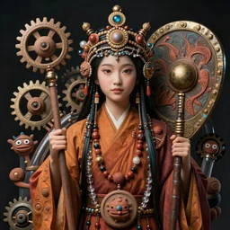 hyper realistic portrait of japanese future muppet show cult monk beautiful witch girl staff and shield, glass beads, clay amulets, gears, machineparts, tubes, cinematic, artstation, cgsociety, pascal blanche