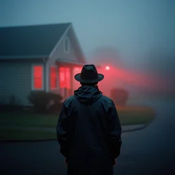 analog photograph of a man from the back wearing a raincoat and a hat outside a house and thick fog at night by alex prager and mark owen. red lights. bokeh. cinematic. hq. detailed. contrast. cinestill 8 0 0 t