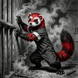 scary stories to tell in the dark illustration of an anthro red - black furry weasel / ferret / stoat / ermine fursona ( from the furry fandom ) in prisoner's regalia, in a prison cell, scratching desperately at the walls with his claws as a smoky cloud horror diffuses from his body ; pen detailing by stephen gammell
