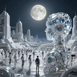 a cinematic composition depicting : a translucid crystal - being viewing how a high tech solarpunk tribe with their technology is encroaching on a distant cyberpunk world with white clad buildings at full moon light