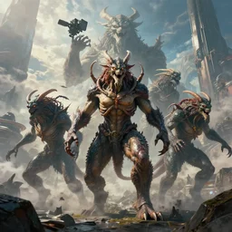 beautiful portrait of giant reptilian monsters gorgons controlling minds rendered in unreal engine and redshift octane, background is an epic sci - fi landscape by james gurney and simon stalenhag, digital art dynamic dramatic lighting, imagine fx, artstation, cgsociety, dynamic camera angle h 7 0 4