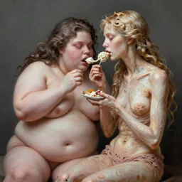 bright realistic obese anorexic eating herself to death, fat and skinny, diffuse lighting, fantasy, intricate, elegant, highly detailed, lifelike, photorealistic, digital painting, artstation, illustration, concept art, smooth, sharp focus, art by francis bacon