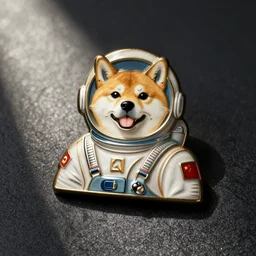 close up of soviet enamel pin of a shibu inu cosmonaut