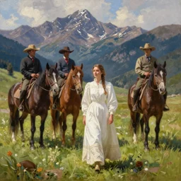 scenic mountain meadow with horses and a woman in a long white traditional dress, western oil painting by albert aublet, frederic remington, anna ancher, asher brown durand