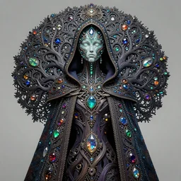 stunning tree of life, award winning matte concept art, intricate linework, precious ornate hooded cybernetic emissive gothic colorful dark colorful chainmail armor cloak, clear focus, iridescent baroque crystals, glowing face, futuristic, detailed realistic, raytracing colorful gems, black opal, magical colorful, realistic character art, wlop, chebokha, rutkowski, artgerm