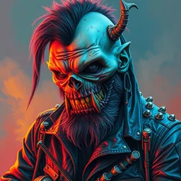 a medium shot of a scifi post apocalyptic orc biker, psychedelic vibrant colors, futuristic punk rock fashion, oil painting by michael whelan art, sharp focus, realistic, highly detailed, studded leather jacket, 8 k