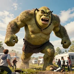 a huge violent angry ogre huge violent angry ogre huge violent angry ogre stomps through background trailer homes and smashed trailer homes, people looking on in astonishment