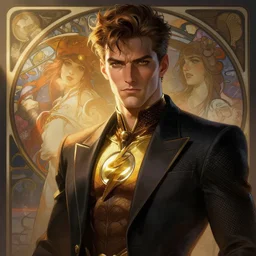 Joji as the Flash samurai in Justice League, luxurious suit, posing, sigma male, portrait art by alphonse mucha and greg rutkowski, highly detailed, digital painting, concept art, illustration, dim lighting with twilight rays of sunlight, trending on artstation, very detailed, smooth, sharp focus, octane render, close up, masterpiece