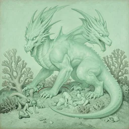 elaborate coral, pale green by dino valls, by ferdinand keller. a beautiful painting of a large, dragon - like creature with sharp teeth, talons, & a long tail. the creature is looming over a small group of people who appear to be in distress.