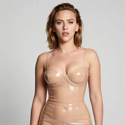 young sexy d - cup bra size scarlett johansson wearing transparent shiny latex dress high - end fashion photoshoot