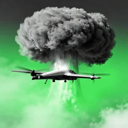combat drone strike war footage, black and white, high contrast, green overlay, nuclear cloud