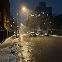 New york City, flooded winter, at night, streetlights on, Ivan Aivazovsky