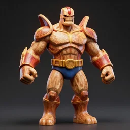 wooden sculpture of omniman, wide shot, vibrant color details, zbrush, hyper realistic, golden ratio, macro lens, unreal engine, octane render, symmetri