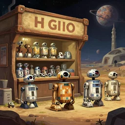 in front of a store that sells droids and droid parts, in a remote outpost, on an alien planet, from a space themed point and click 2 d graphic adventure game, set design inspired slightly by hg giger and tomb raider, art inspired by thomas kinkade and william alexander